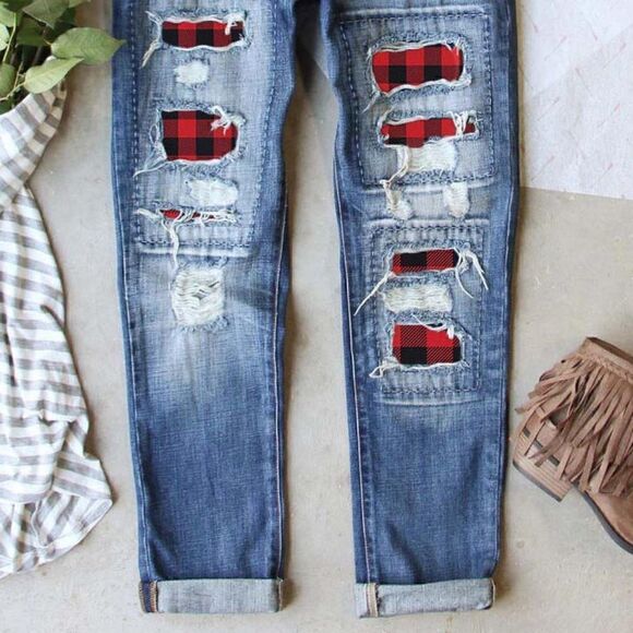 NEW! Popular Broken Ripped Patched Buffalo Plaid Distressed Blue Jeans Denim - Picture 2 of 5